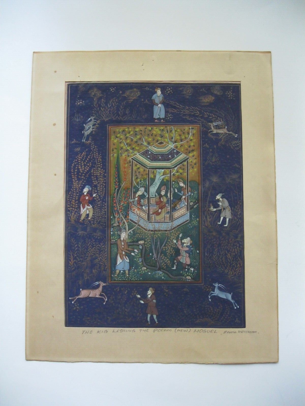 Vintage RAJASTHAN INDIA MOGUL MINIATURE SCENE on fine silk Rama Krishnan