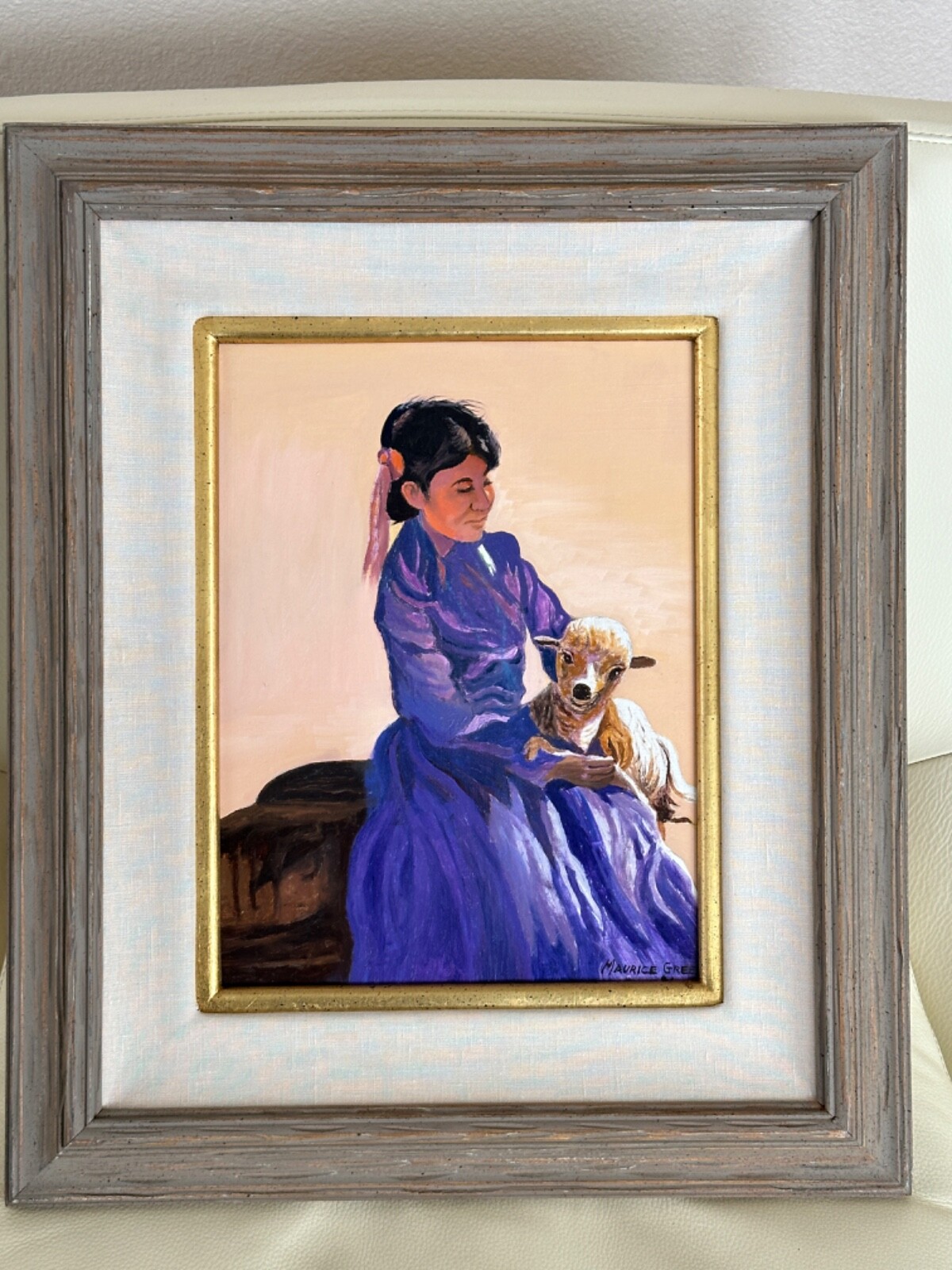 MAURICE GREEN NEW MEXICO ARTIST NAVAJO GIRL/SHEEP OIL PAINTING 1991 19″ X 16″