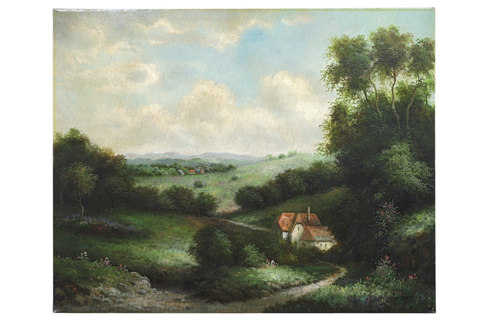 Rural Landscape With Cottage Houses, Oil On Canvas Painting By Tennison