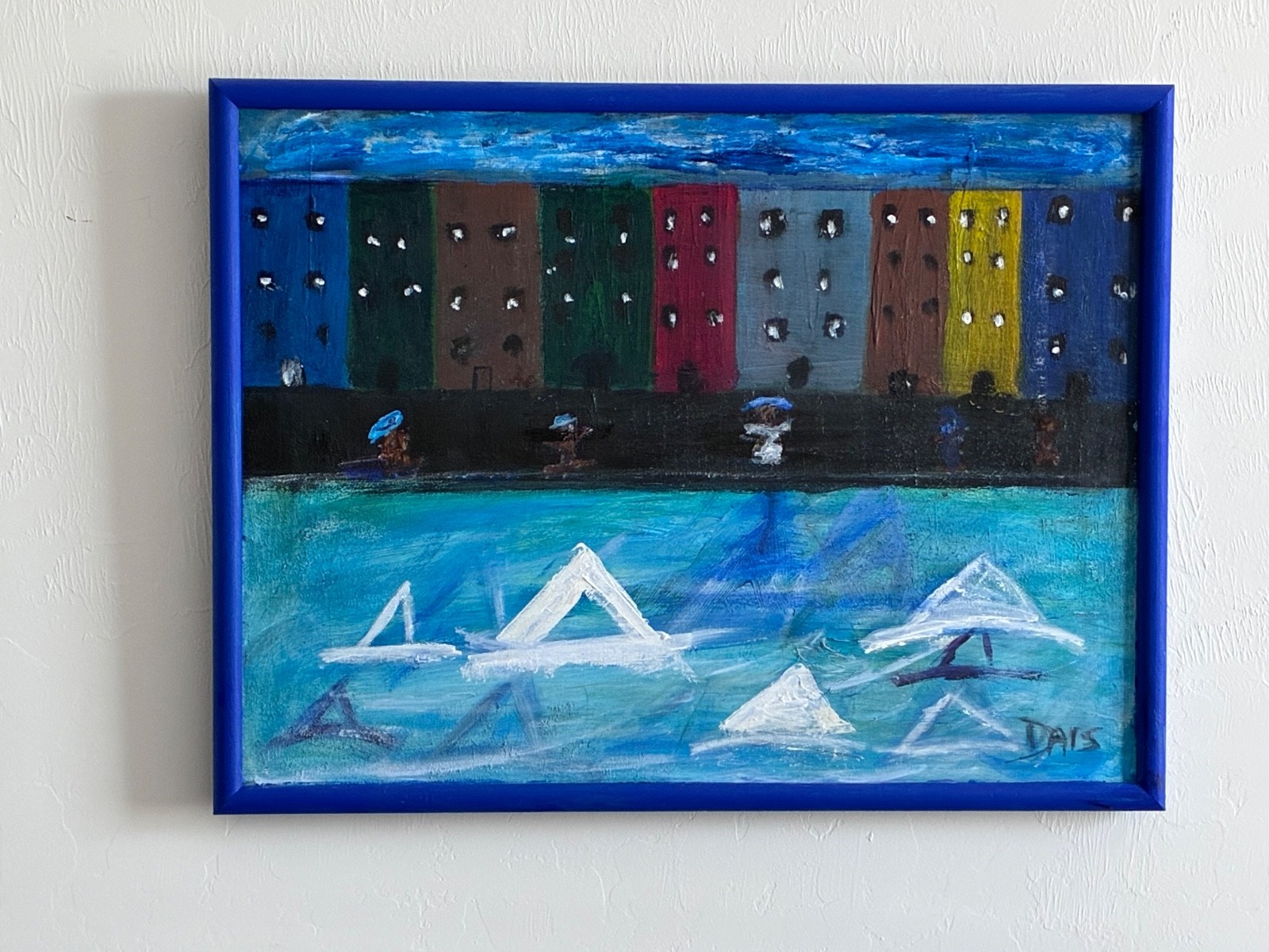 PRIMITIVE PAINTING MADE IN USA TITLED ‘ALONG THE FRENCH COAST» 25X20 FREE SHIP