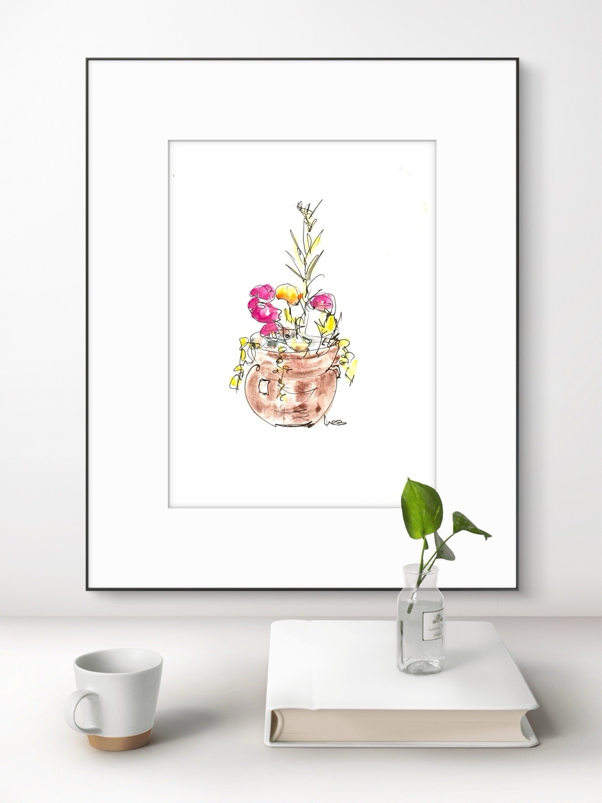 SAMATOWIC Original Abstract Flowerpot 9X12 Paper Ink Drawing Handmade Signed 24