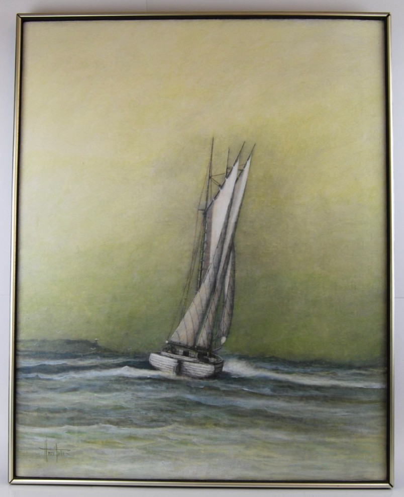 Vintage 1972 Henry Parker OOAK MCM Oil Painting New England Sailboat 24.50X30.75