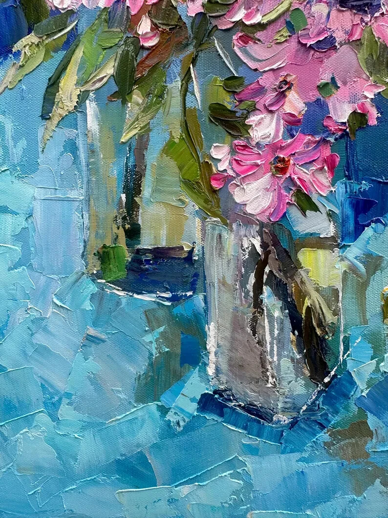 Pink Cherry Blossoms Flowers & Pears Still Life Oil Painting on Canvas 28×22 in