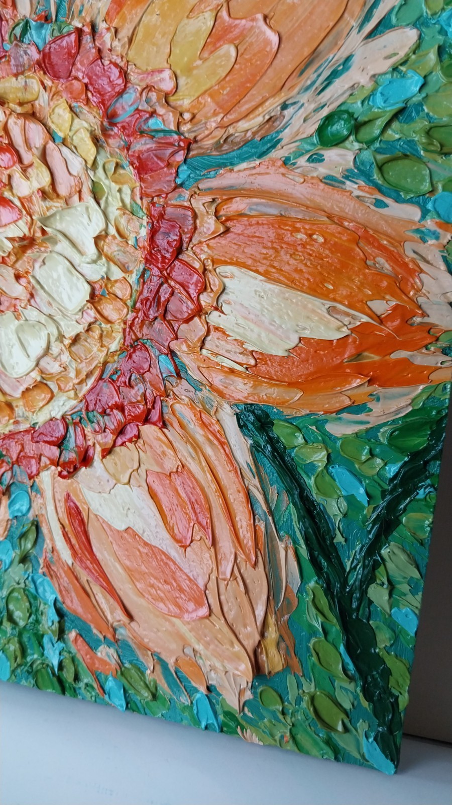 Framed Bright Sunflower Textured Flower Art 8×8” Impasto Oil Painting Original