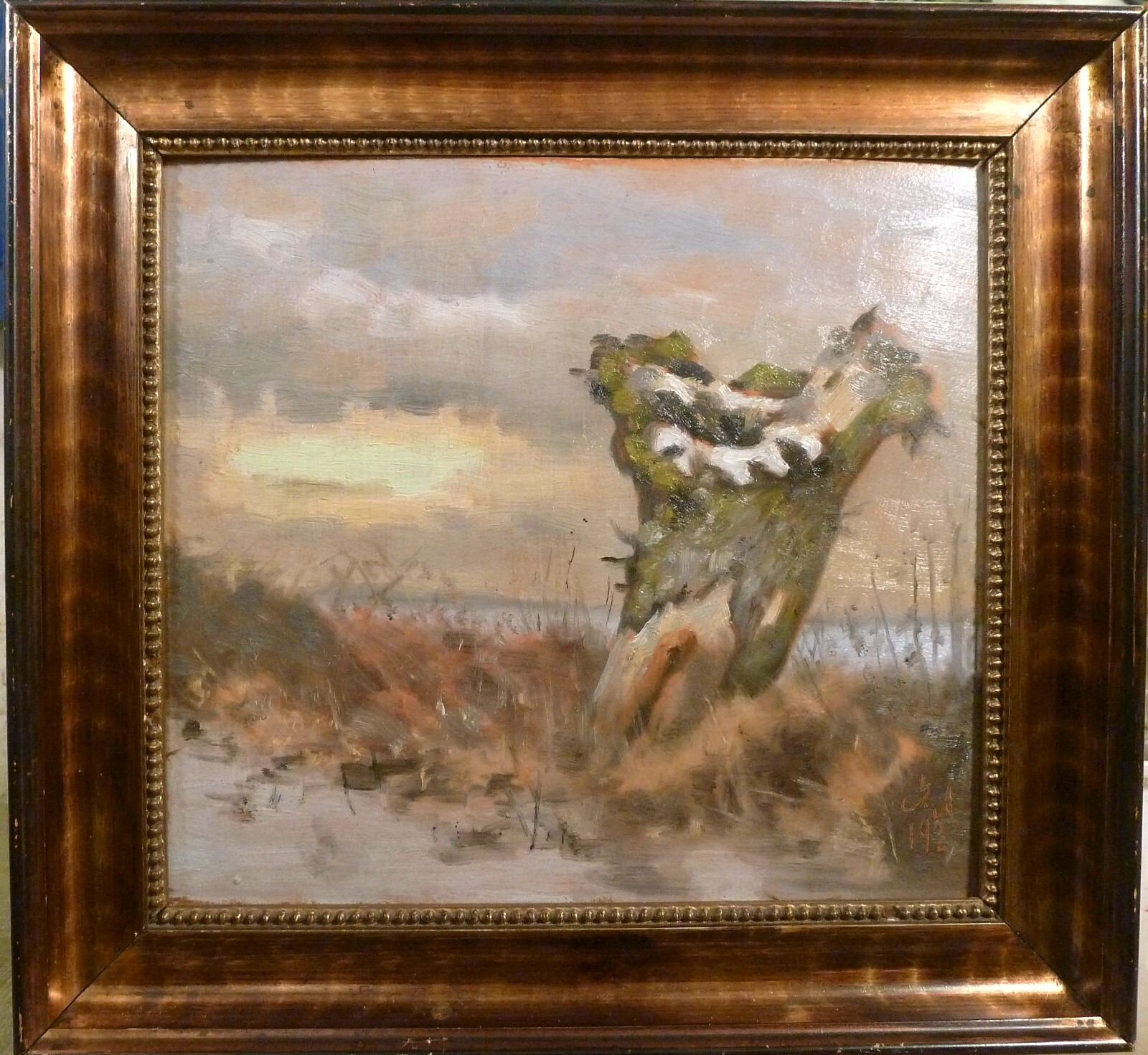 MONOGRAM SIGNED! WINTER LANDSCAPE WITH A ROTTEN OAK TREE.