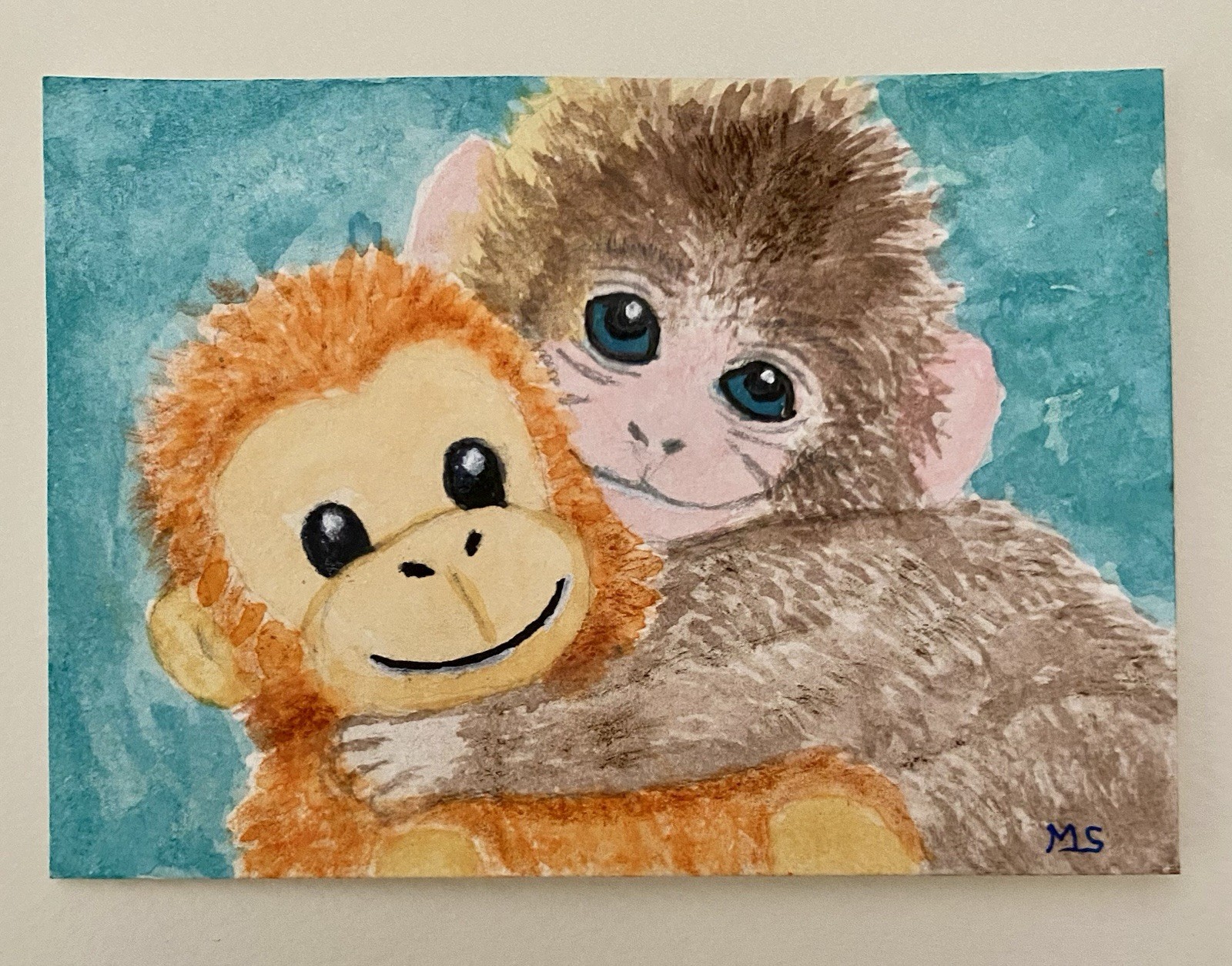 Punch Monkey ACEO Original Art, Baby Monkey, Punch And His Plush Mom, MelidasArt