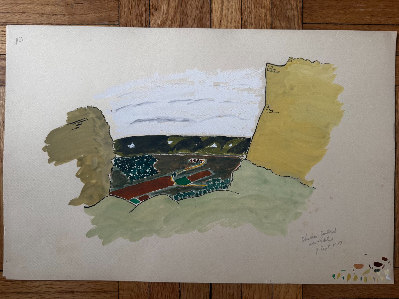 French 1940s Watercolor Gouache Painting Landscape Chateau Gaillard 1947