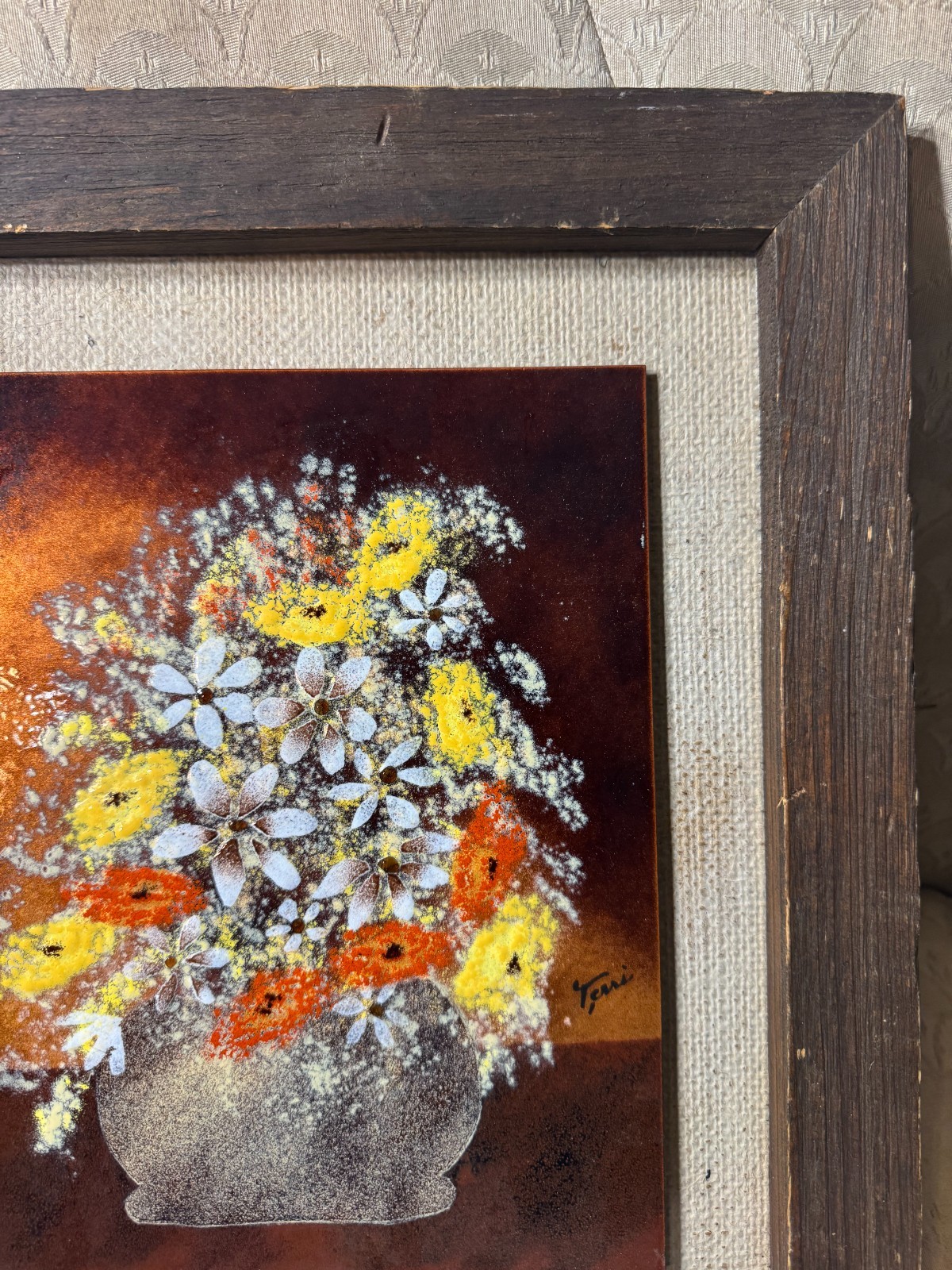 Terri Oullette «A Floral Scene» Enamel On Copper Painting – Signed And Framed