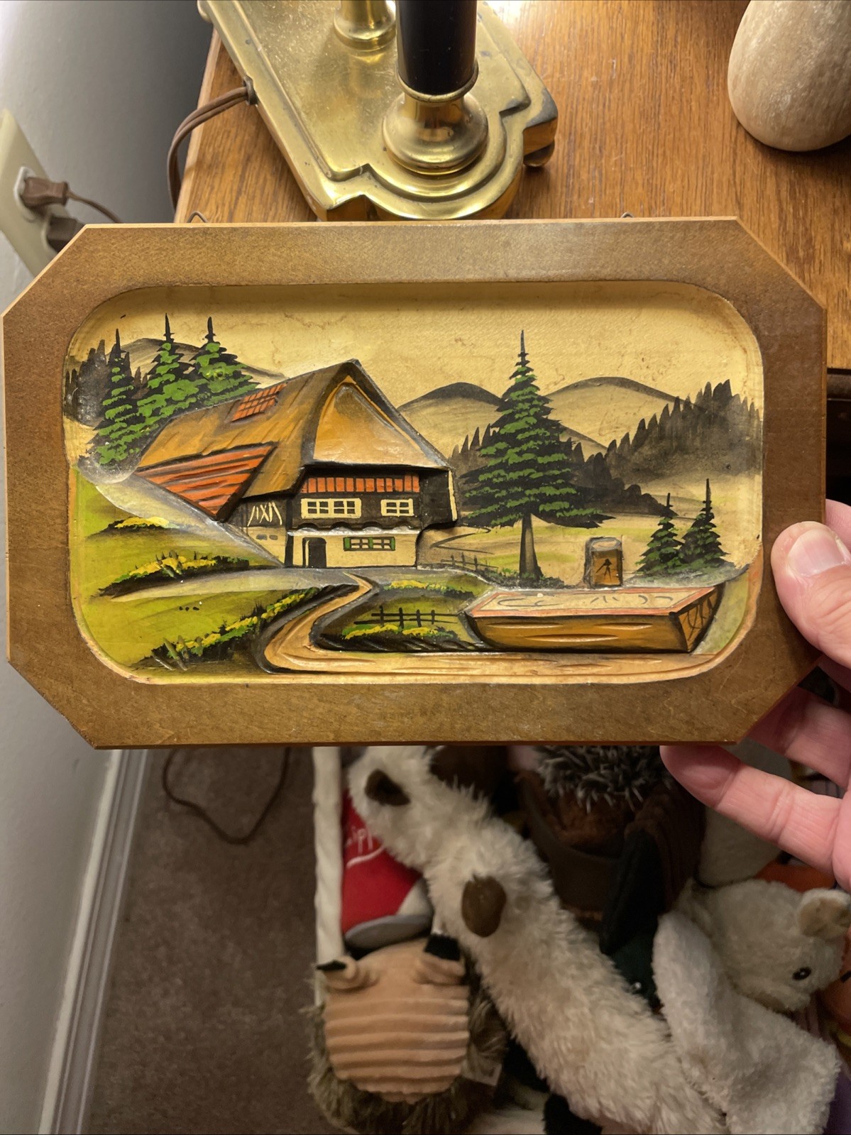 Vintage 1950s Hand Carved Wood Alpine Landscape Painting Plaque Signed