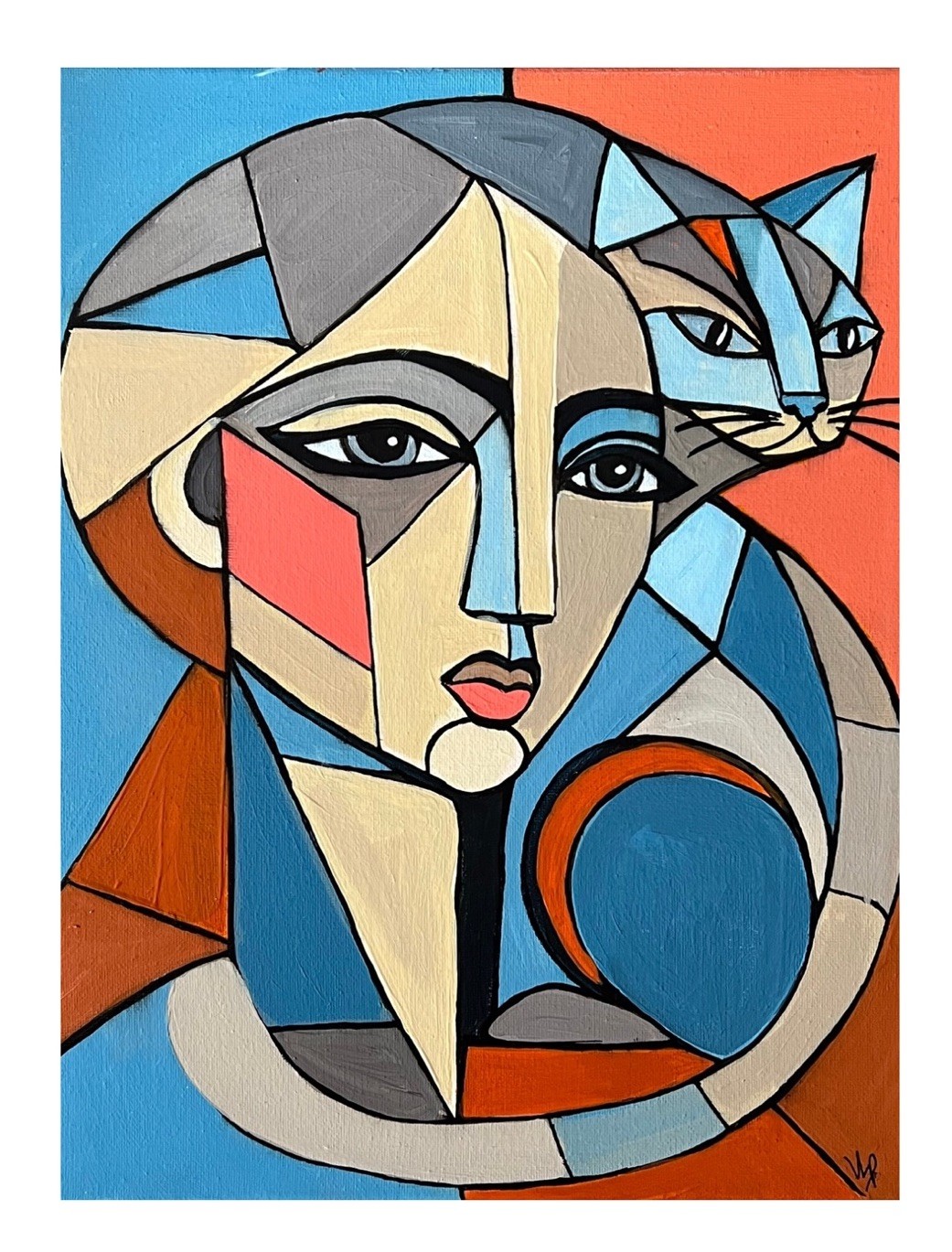 Modern Cat & Female Portrait Picasso-Inspired Cubist Original Art Acrylic 14×11”