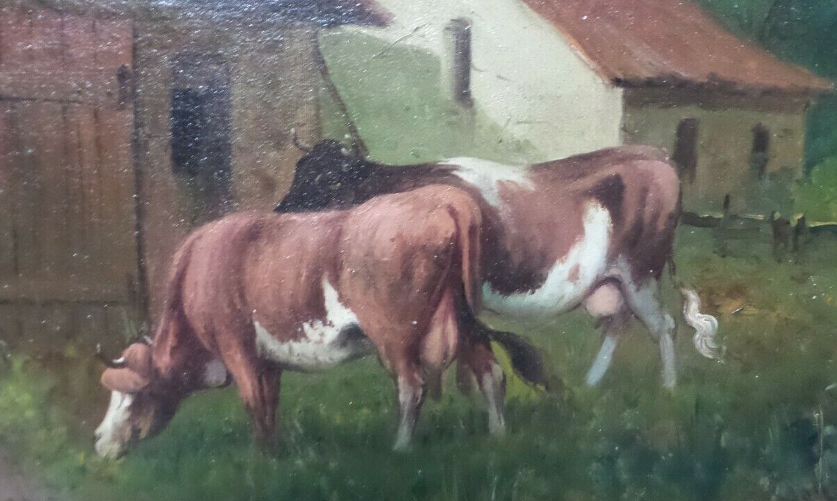 Antique 1880s-1900s European Oil on Canvas Painting – Cows & Farm