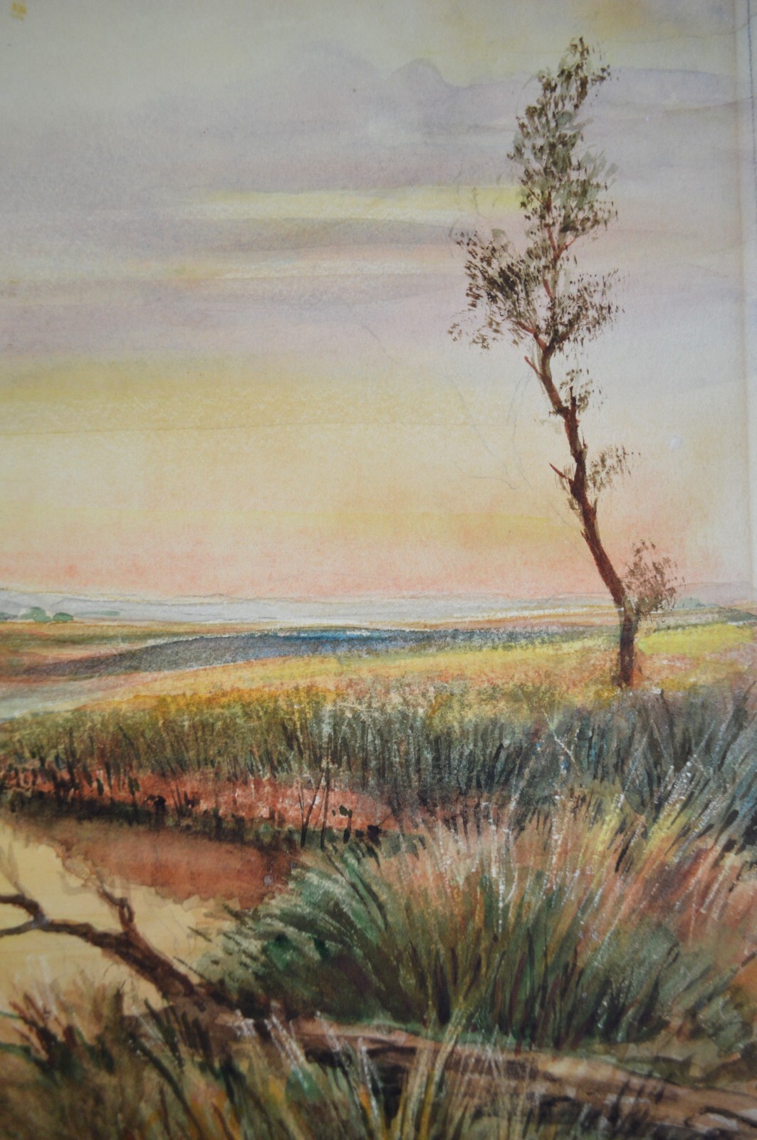 DAVID MACKOFF ANTIQUE WATERCOLOR ON CARDBOARD SIGNED DATED 1939 RIVER LANDSCAPE