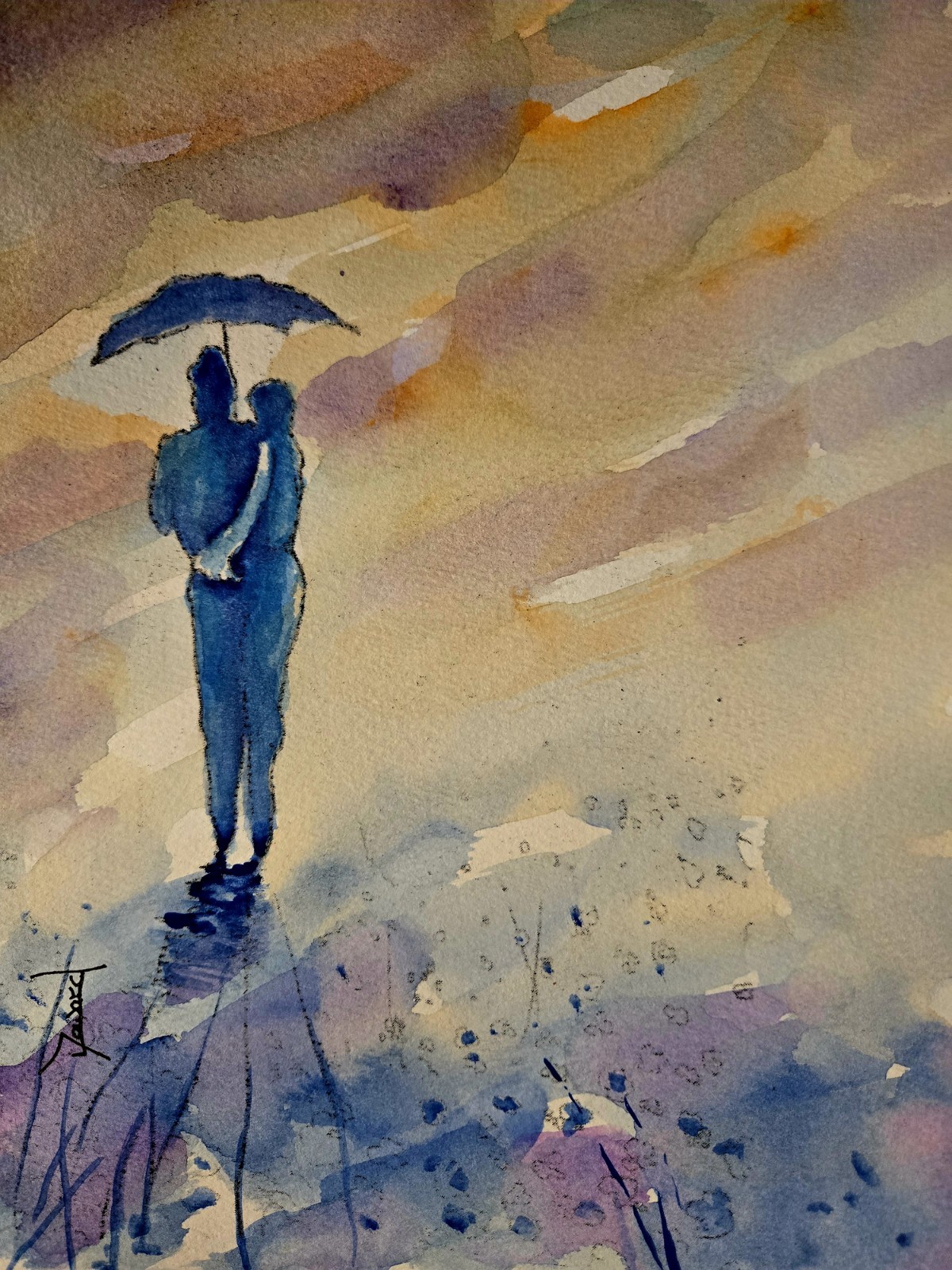 ORIGINAL African American Urban Watercolor «Evening Walk In The Rain»