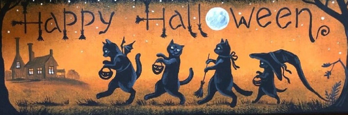 12X4 PRINT OF PAINTING RYTA OWL WITCH HALLOWEEN BLACK CAT TRICK OR TREAT Art 🍁
