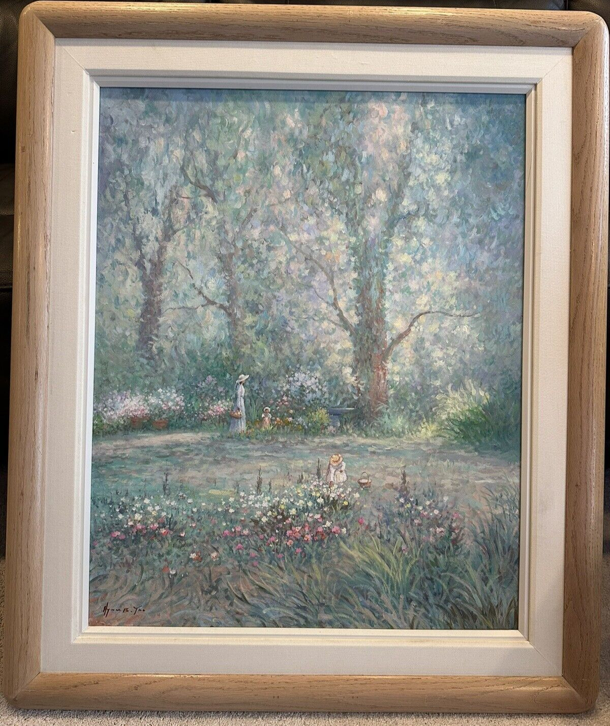 Hyun Bo Yoo «Mother & Child in Flower Garden» Framed Vtg Oil Painting Signed 38″