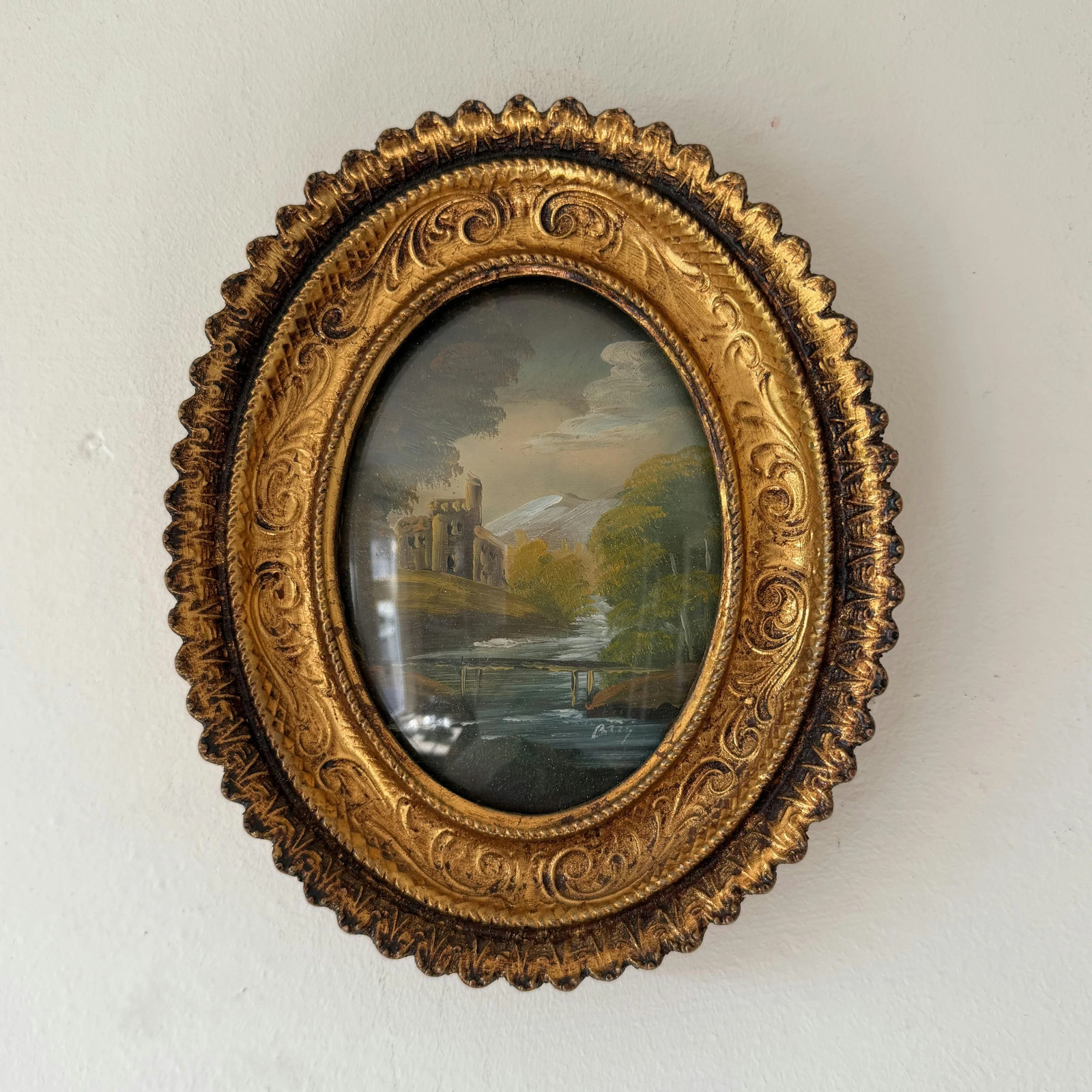 Traditional Still Life Oil Painting «Ruined Castle» Handcrafted Small Art