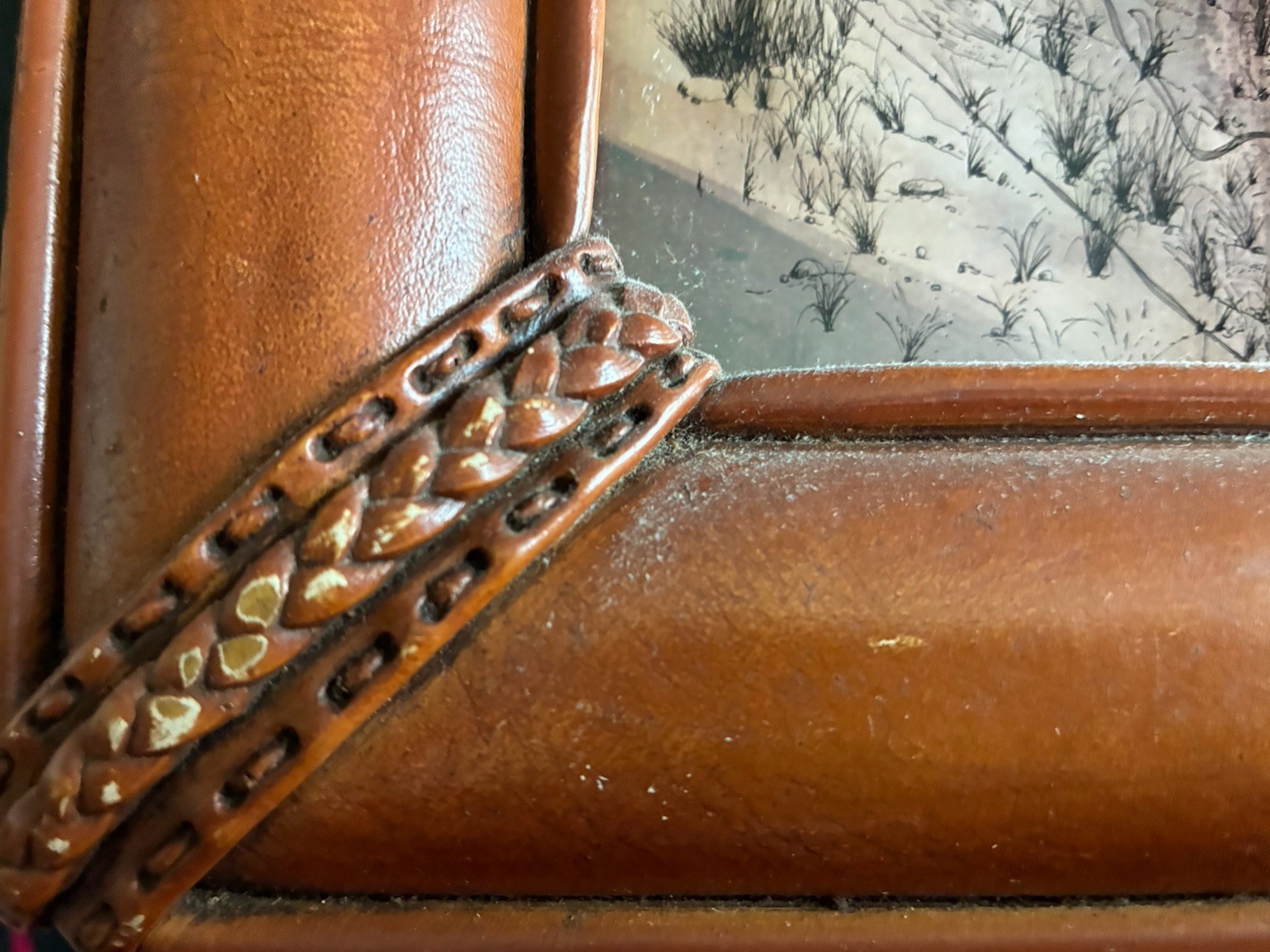 Vintage Reverse Painted Glass Ghost Town Leather Frame