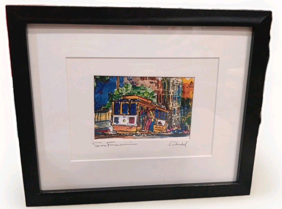 Lovely JERRY SCHENDEL Watercolor SAN FRANCISCO Cable Car Framed/Matted/Signed