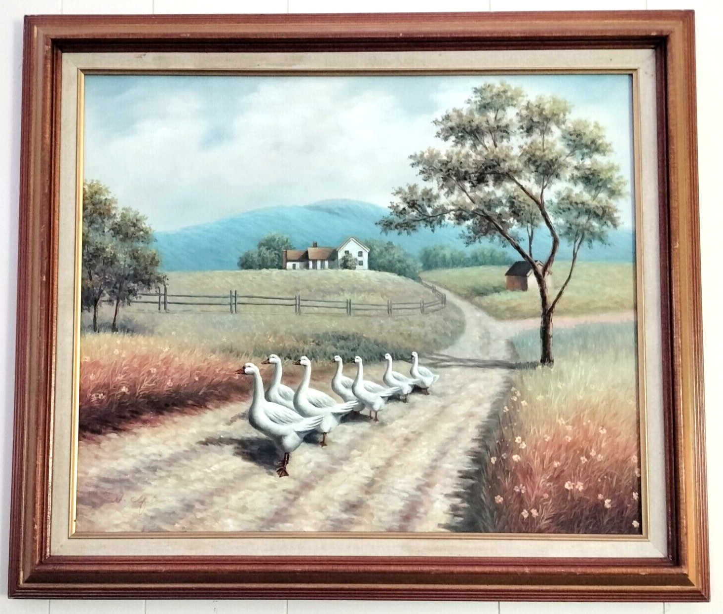 Vtg Original Oil Painting Geese Scenic Landscape Large Framed 25×29″