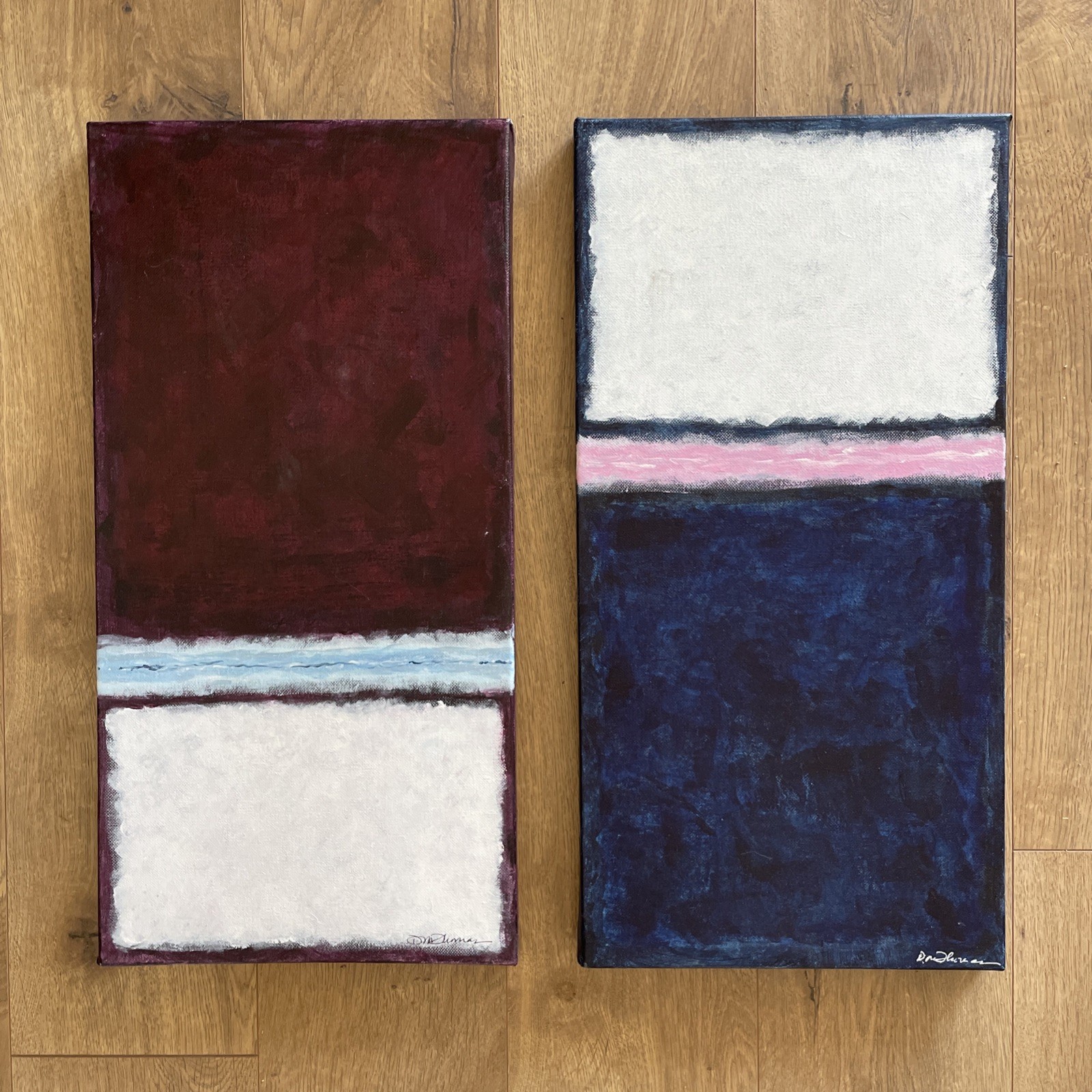 Pair Set 2 Original Modern Abstract Paintings signed Diptychs each 10×20″
