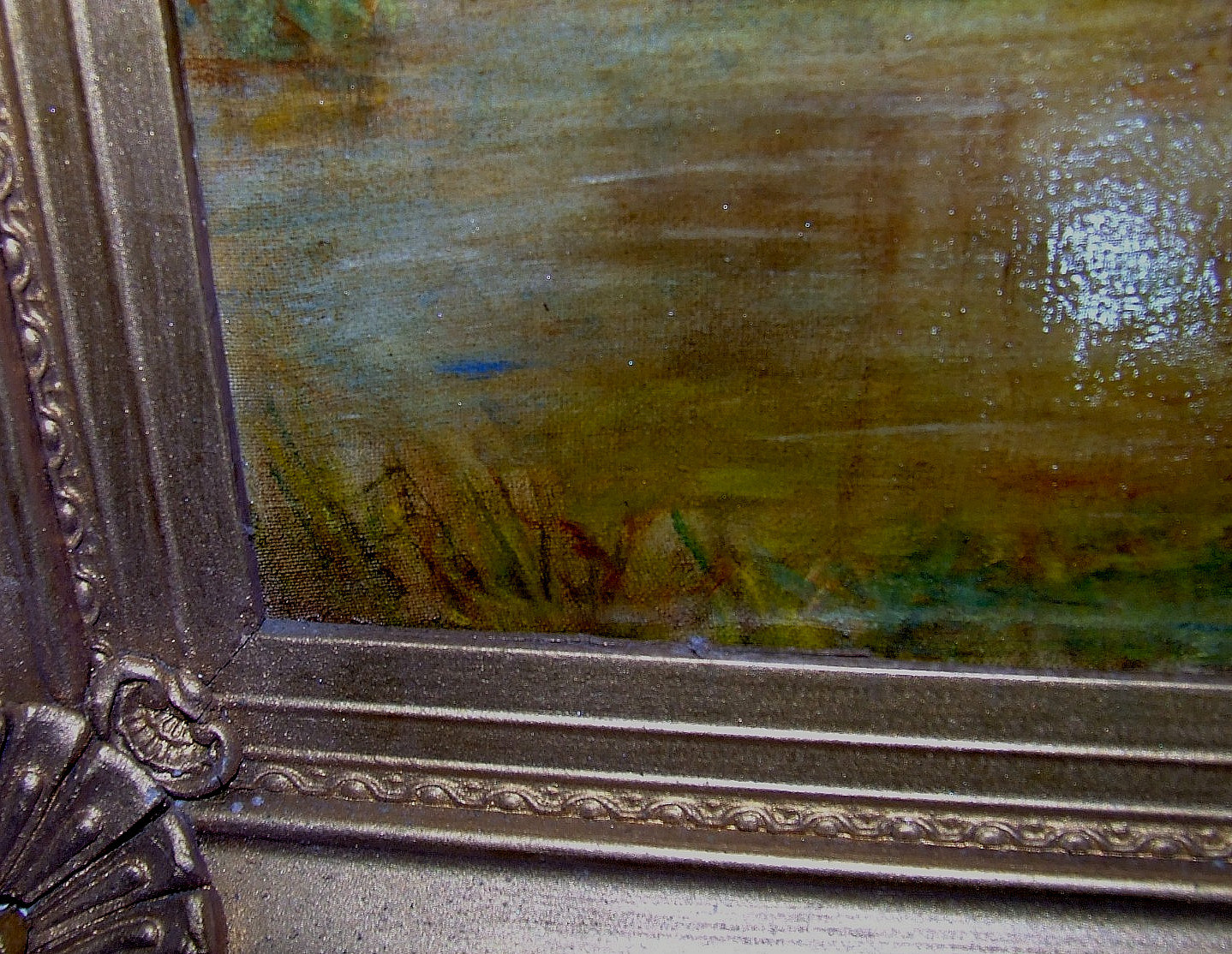 Antique 19th C. Landscape Gathering Watering Cows Oil on Board Gilt Ornate Frame