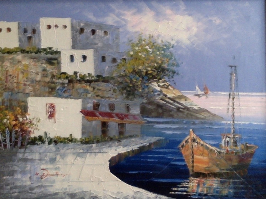 Greek Island 70’s Palette Knife Oil Original Painting Signed & Framed