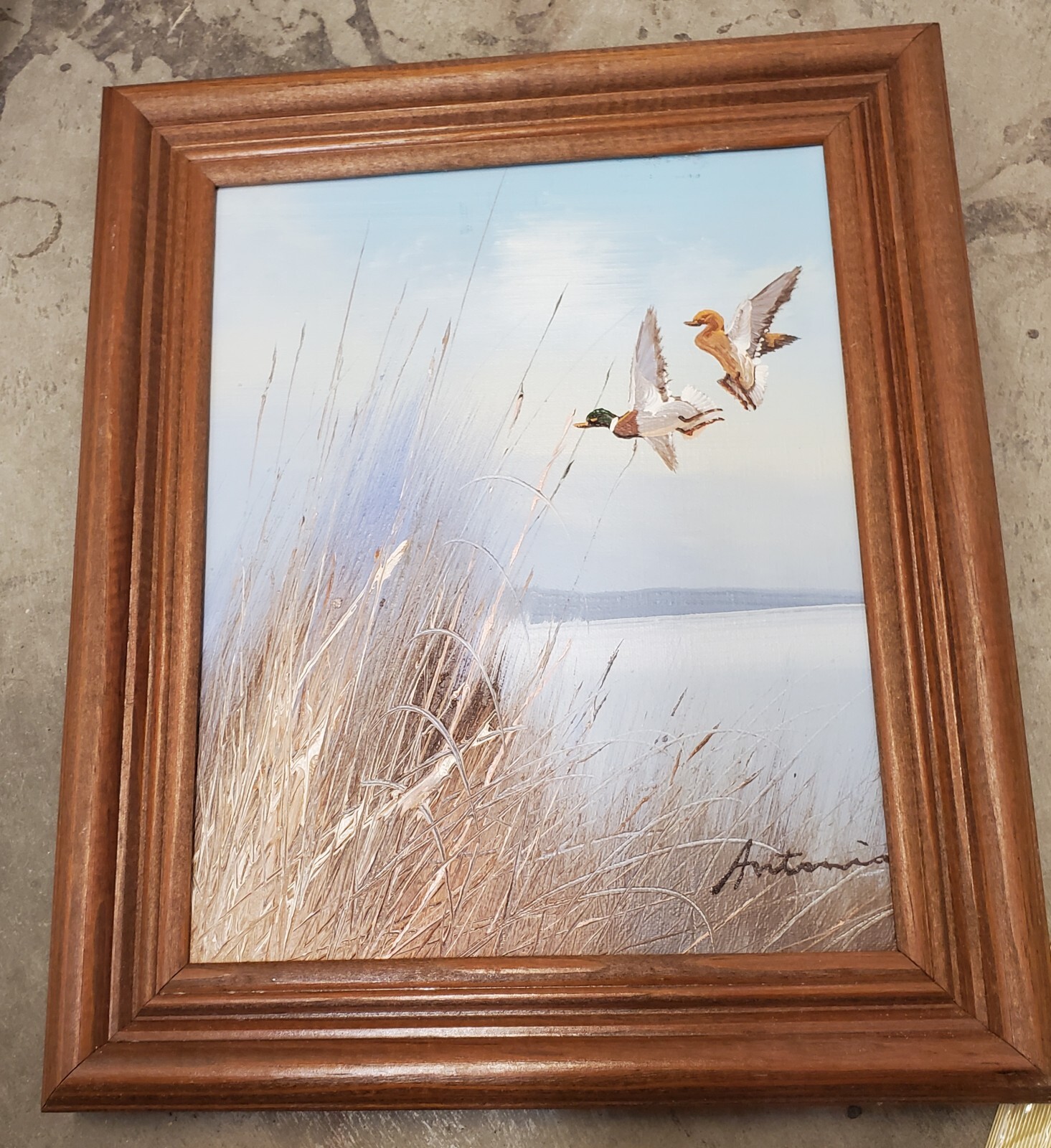 Framed Mallard Ducks n Flight Marsh Coastal Oil Painting by Antonio 12.5×10.5