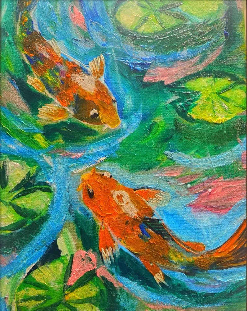Abstract Coi Fish Impressionistic Modern Original Wall Art 14X11 Canvas Acrylic