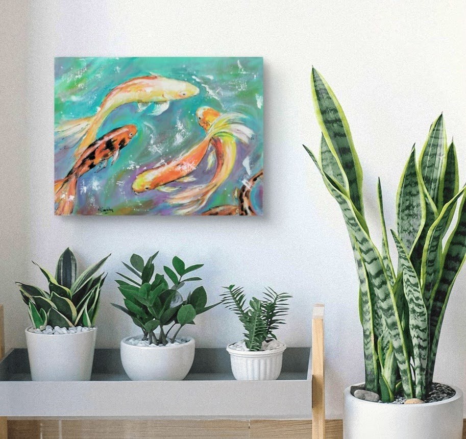 Original 9 x 12 Expressionism Colorful Koi Fish Canvas Wall Art Acrylic Painting