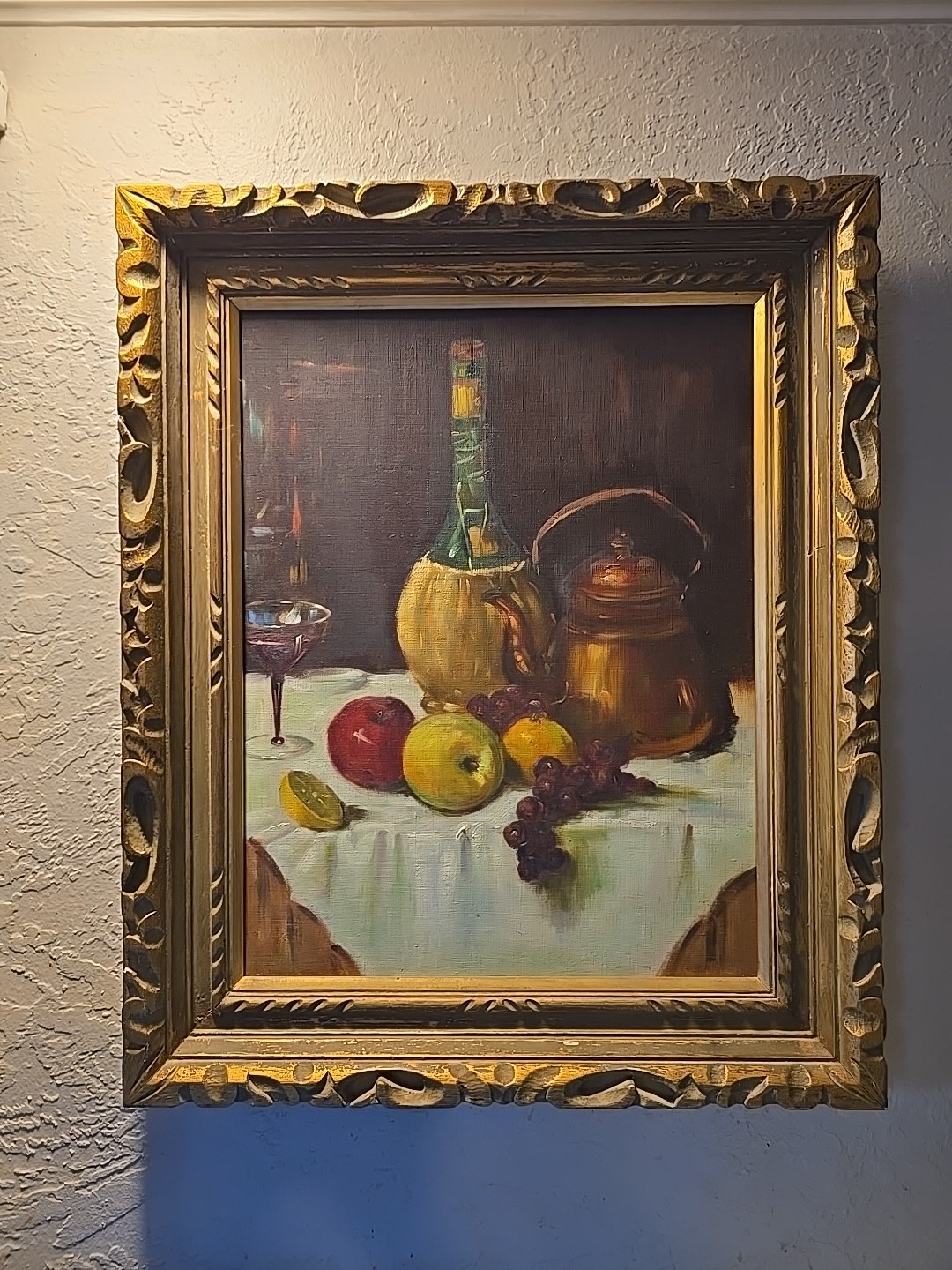 Vintage Still Life Original Oil Painting Wine Fruit Glass Kettle Realism Ornate