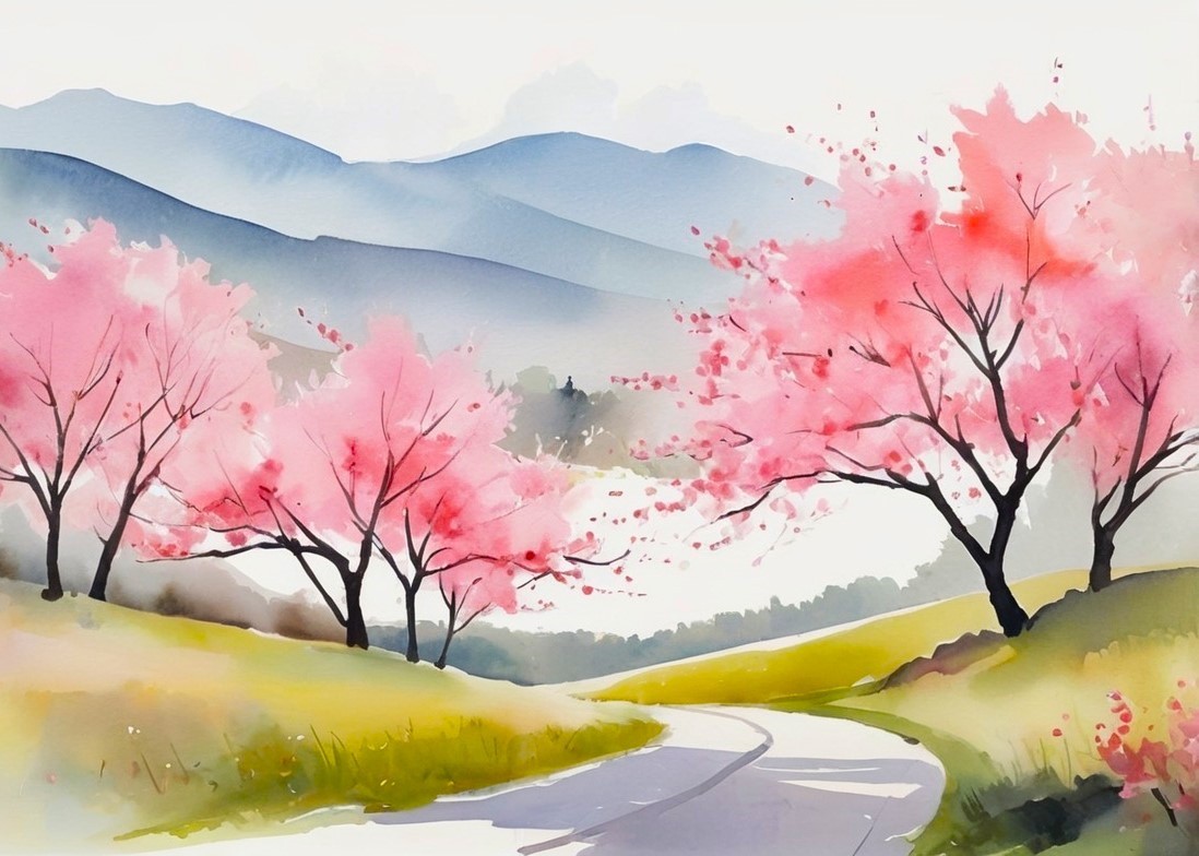 ACEO Cherry Blossom Landscape Tiny Miniature Mini *ART PRINT* Watercolor Saulite