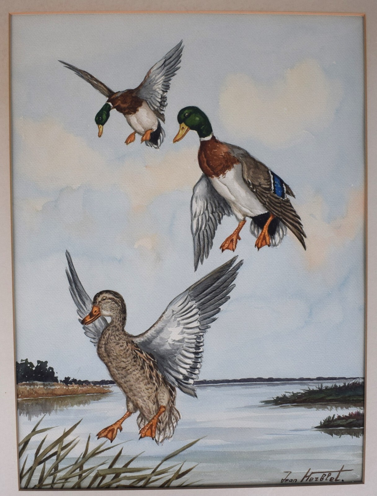 «3 Ducks in Flight» Watercolour by Jean Herblet Ex- C.Z. Guest Collection