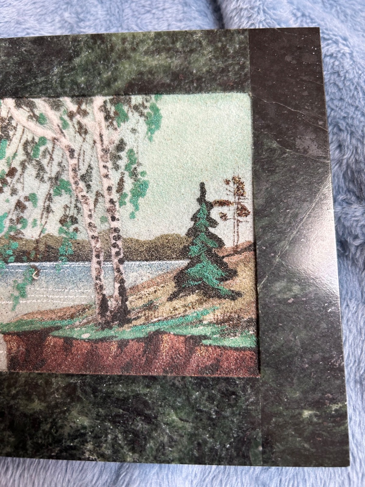 Vintage Russian Landscape Crushed Gemstone Painting Stone Frame 5.5 x 8 1/4”