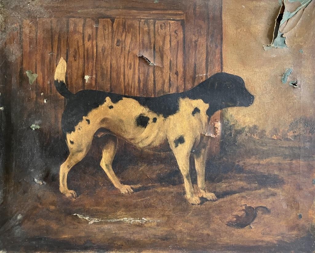 Antique Oil Painting British Primitive Portrait of Ratting Dog FOR RESTORATION