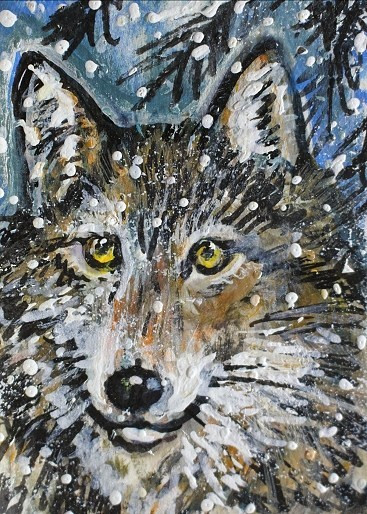 ORIGINAL ACEO Grey WOLF Painting Winter Snow Wild Dog Animal Tree Nature ART