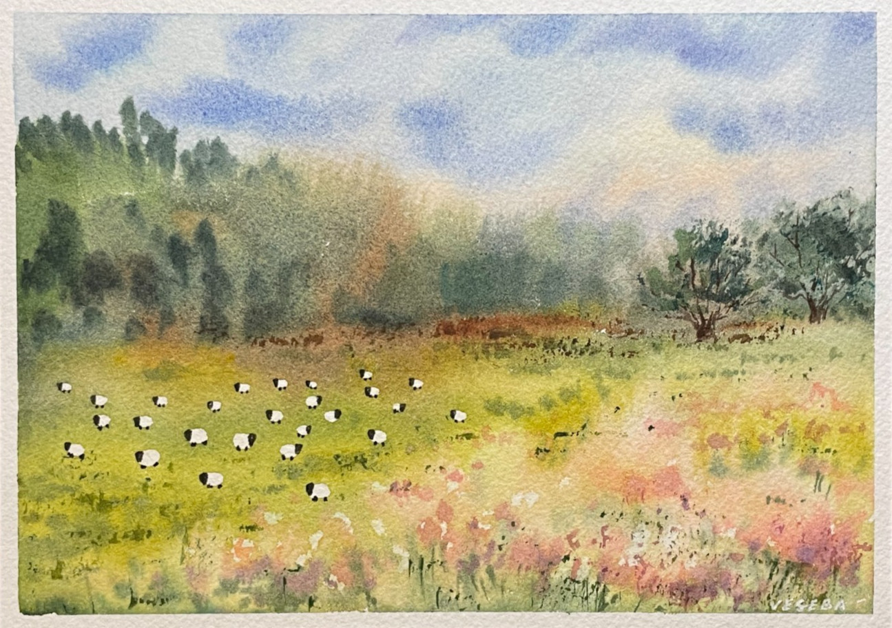 Original Watercolor Painting Landscape Nature Forest Flowers Sheep – 5×7 in