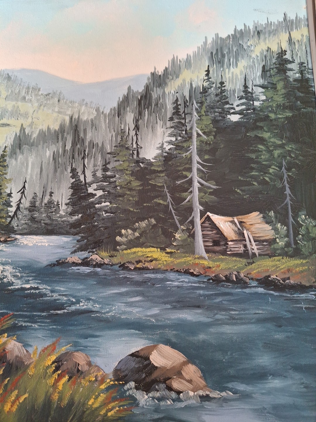 Vintage Mountain River Landscape Painting 1986 Cabin In The Woods J. Hoffman