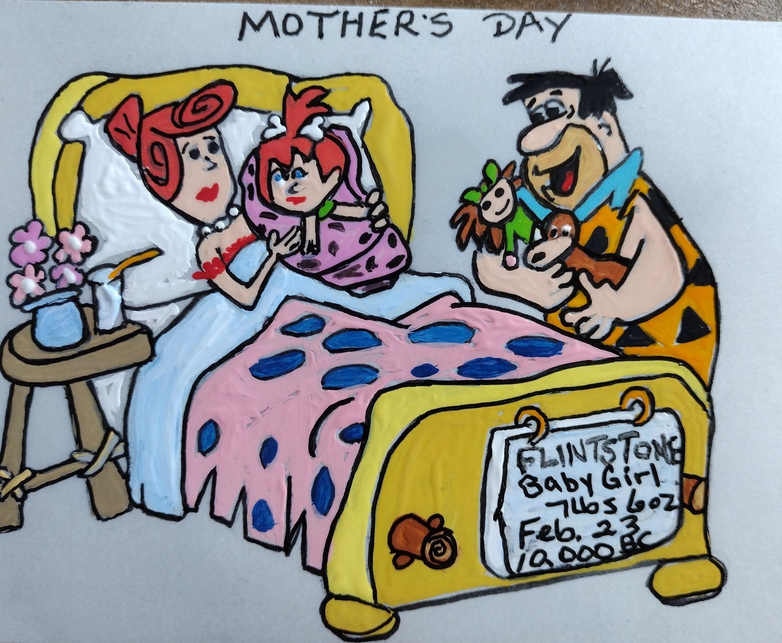 4×5 Inch Flintstone Mothers Day Card HAND PAINTED ACRYLIc