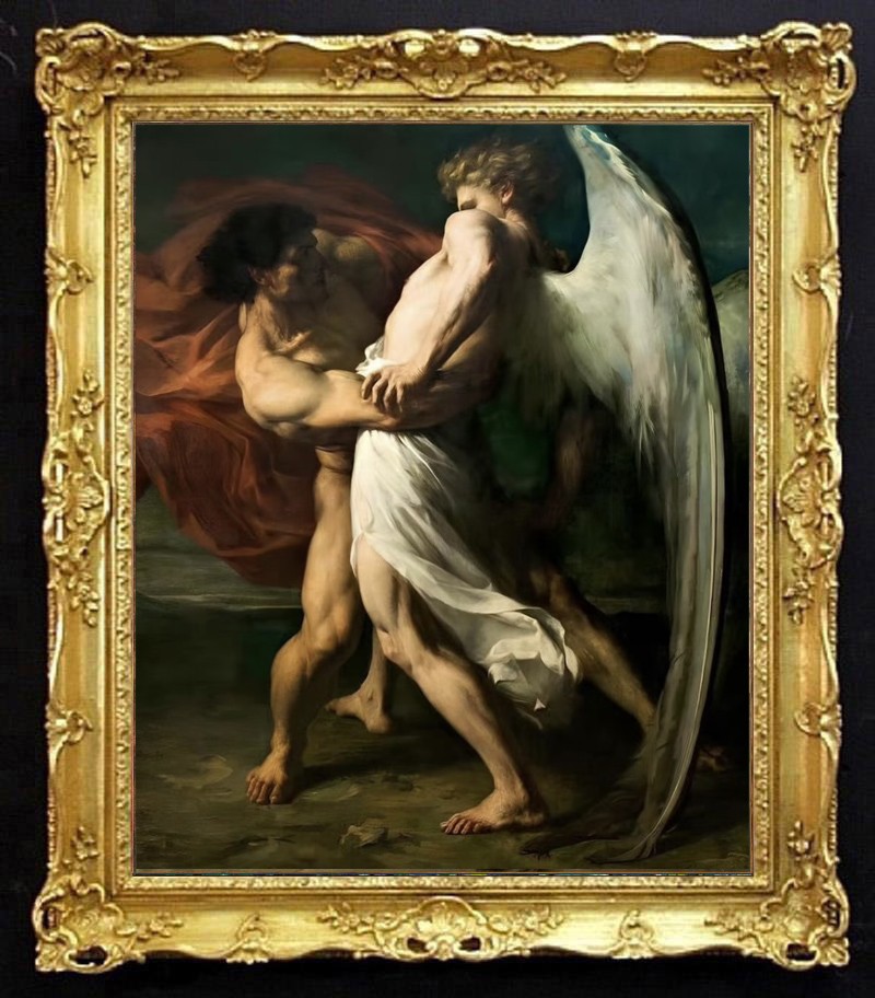 Hand Painted Antique Style Jacob Wrestling with the Angel Biblical Oil Painting