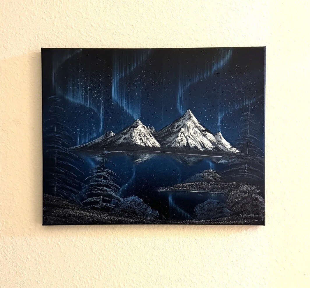 Blue Northern Lights Oil Painting On Canvas 16x20in