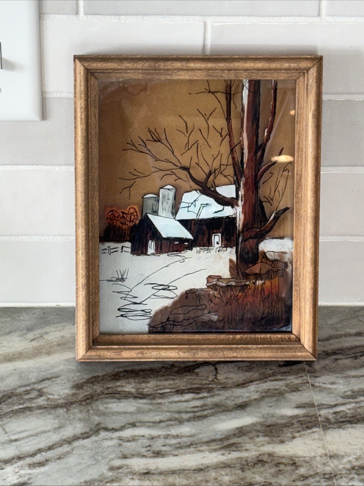 Vintage Reverse Glass Painting Of Rustic Barn, Country Scene Framed