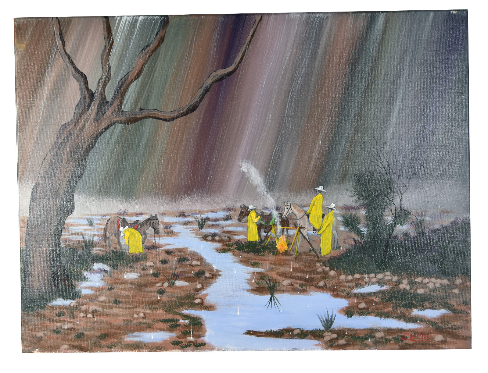 24″ Oil Painting Canvas Yellow Coat Cowboys in the Rain Landscape Art Fire