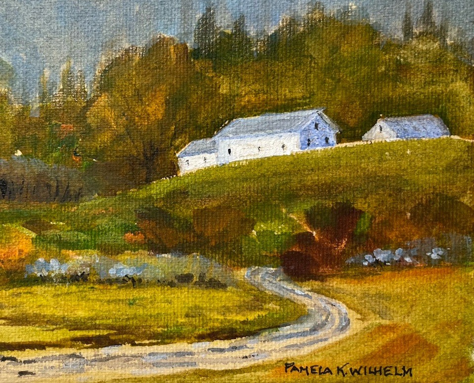 4”X6” Original Watercolor On Tea Stained Paper Up The Road Barn Pamela Wilhelm