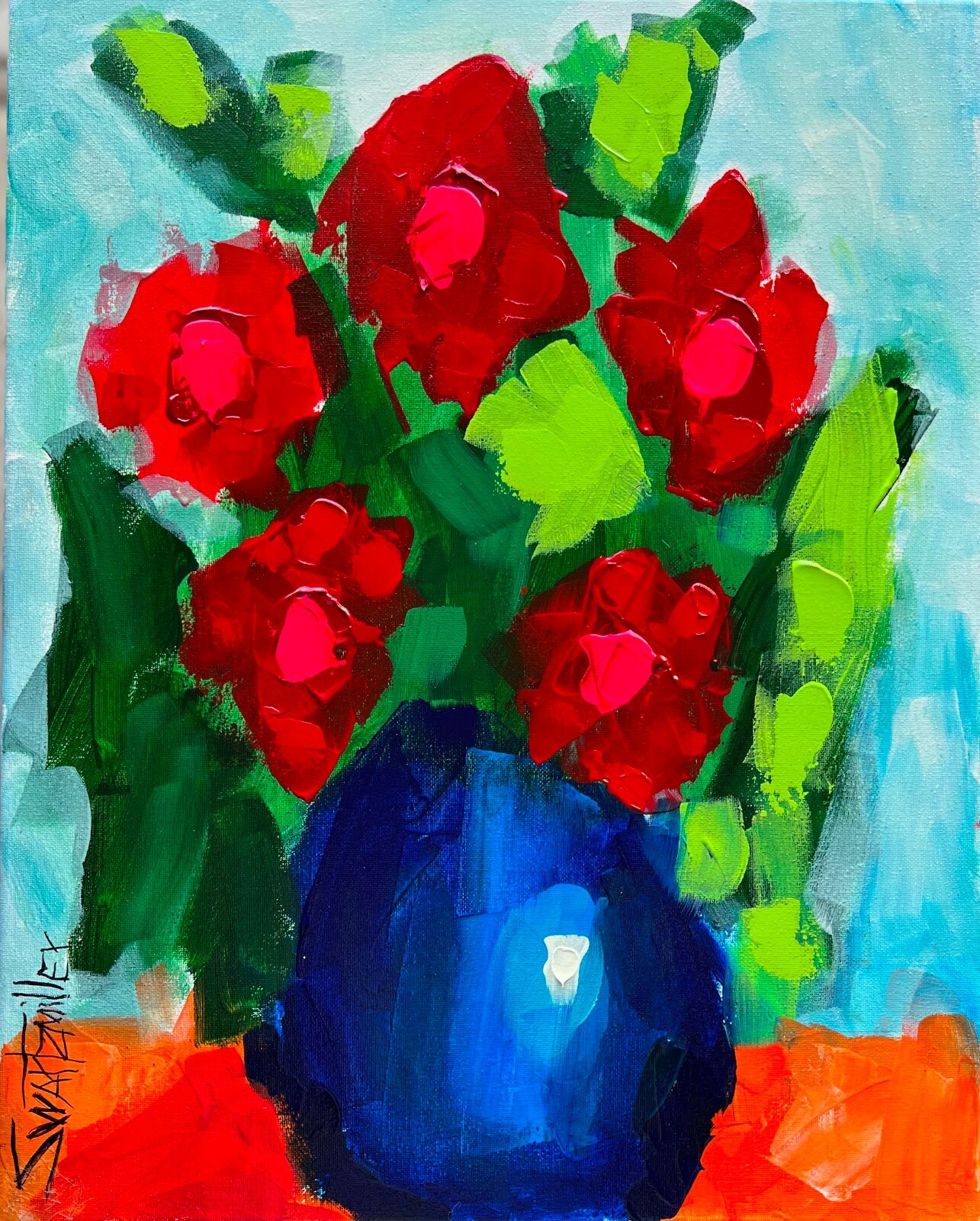 VASE RED FLOWERS PAINTING canvas BIG 16 x20 original SWARTZMILLER DNA SIGNED ART