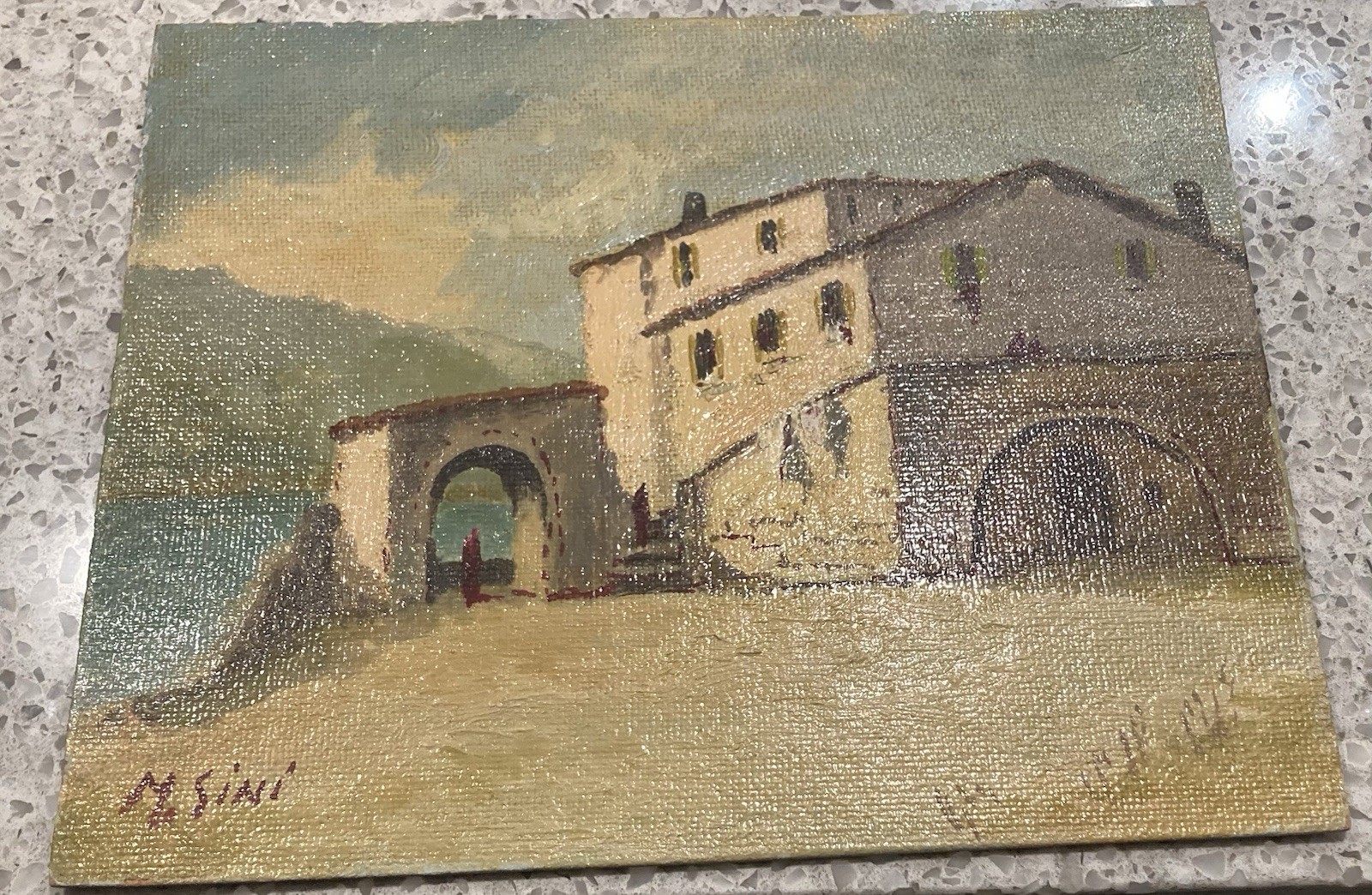 Oil Painting Of Architectural Scene Signed By Artist M. Sini 9.5×12 Inches