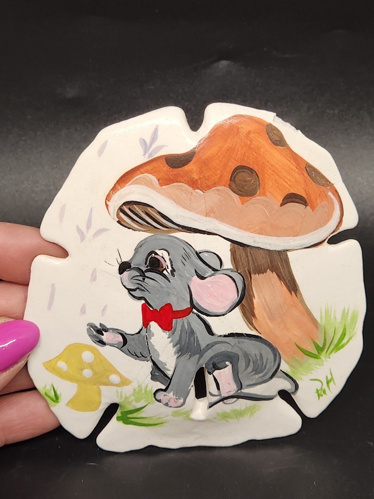 Hand Painted Mushrooms and Mouse with Red Bow Tie on Sand Dollar Signed
