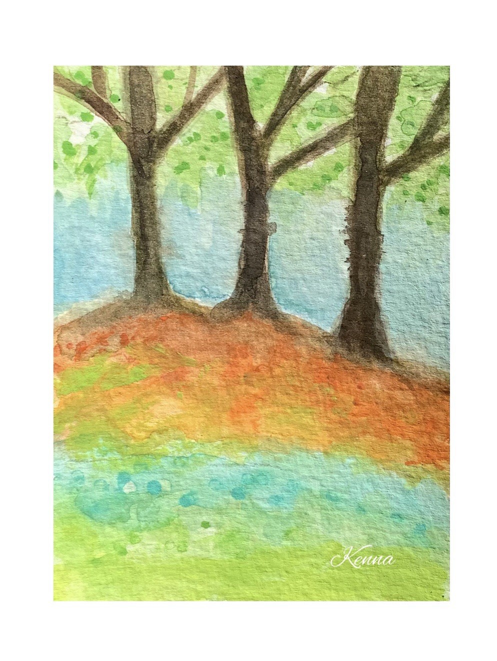 Aceo By Kenna Original Watercolour Painting Autumn Tree 2.5” X 3.5” Signed