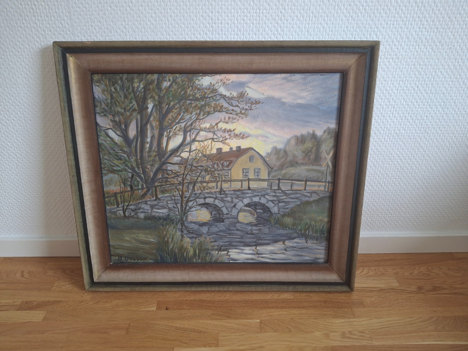 Vintage Oil painting Signed B. Ohlsson – Scandinavian Landscape Bridge & House