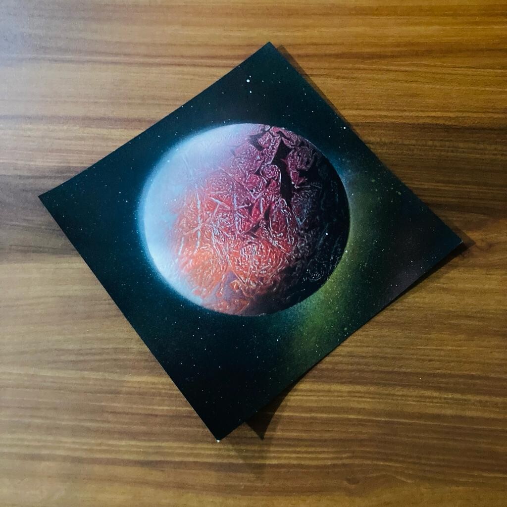 Red Cosmic Ember- Handcrafted Spray Painted Planet Art on Paper