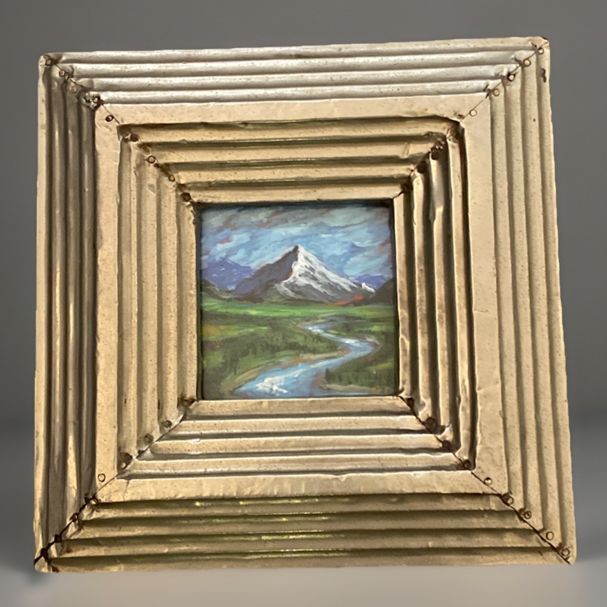 Vntg Small Landscape Painting Original Mountain River Handmade Metal Frame